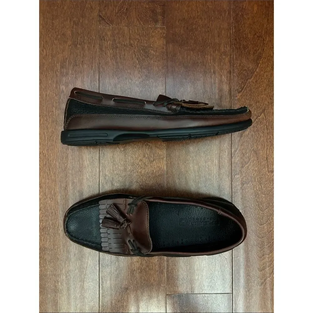 Sperry Top Sider Two-Tone Black and Brown Leather Tassel Loafers, Size 10.5